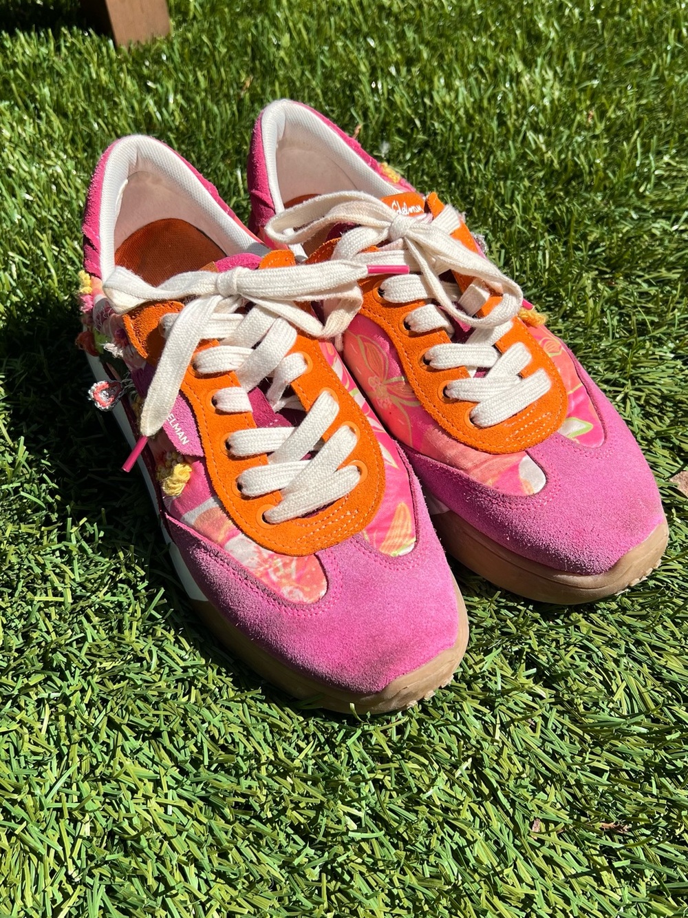 Sam Edelman Boho Lilli Women's Pink and Orange Floral Suede Platform Sneakers W9